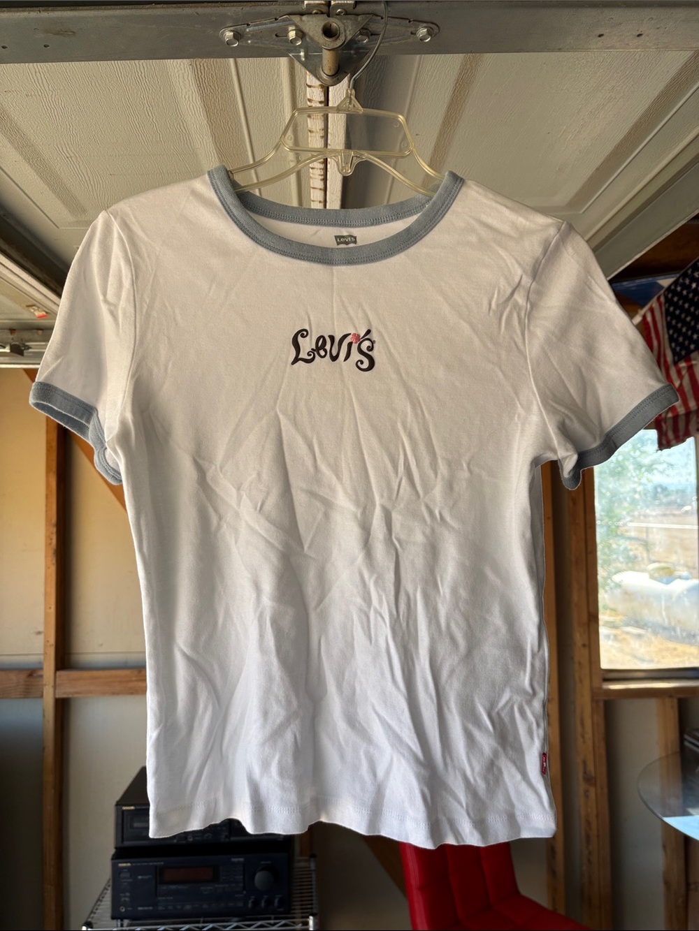 Levi's White Tee with Light Blue Trim and Script Logo